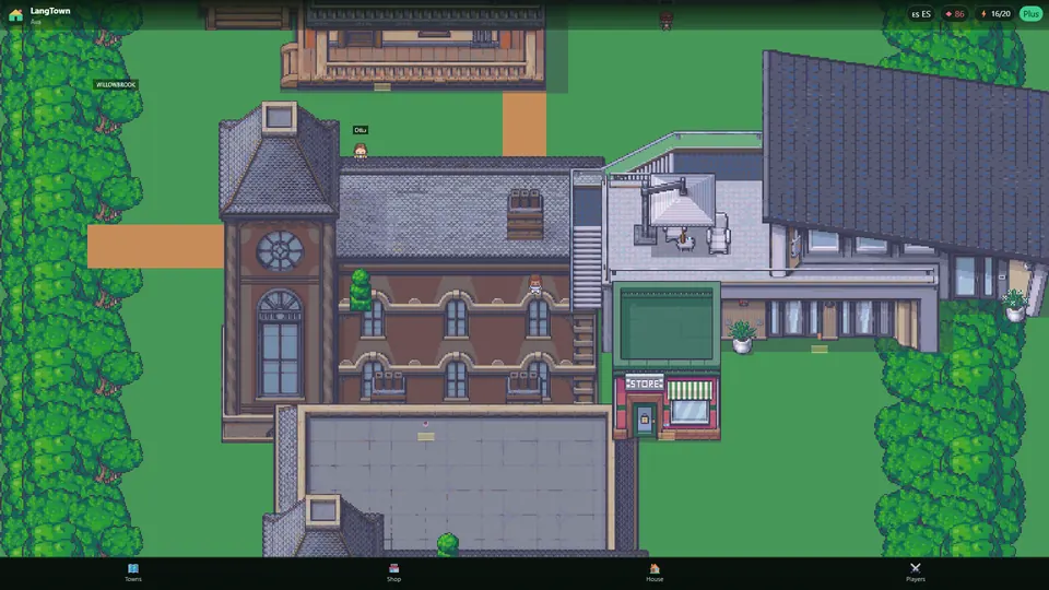 LangTown pixel town with houses, trees, and paths