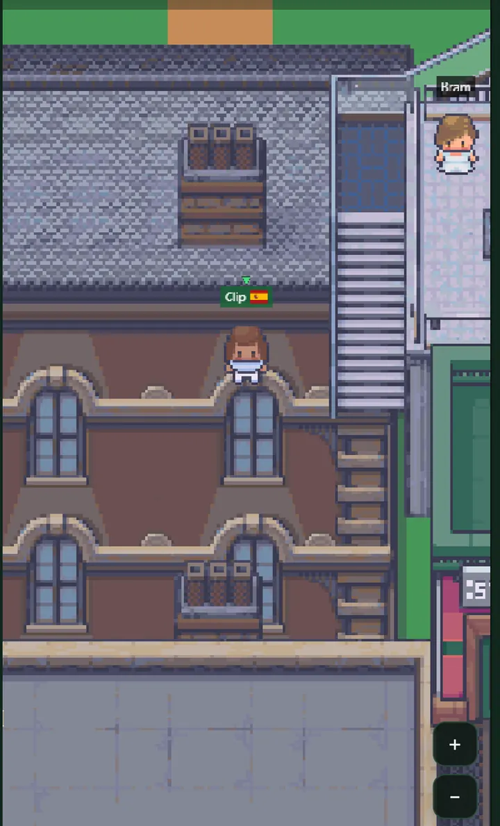 Phone screenshot of a LangTown pixel town with paths and buildings
